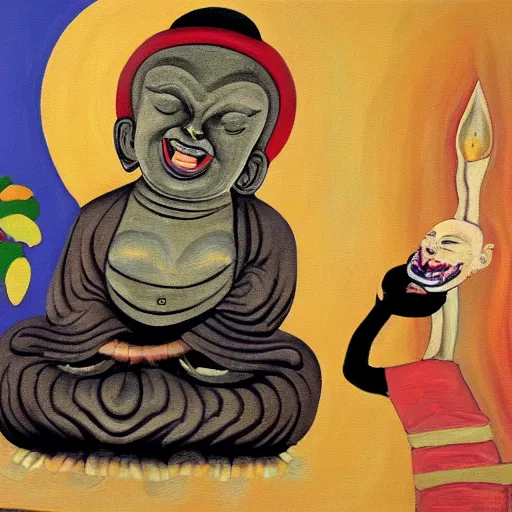 Image similar to painting of laughing buddha with cat