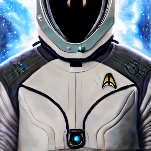 Image similar to UHD Photorealistic Feline-human hybrid Starfleet Officer wearing a spacesuit with hyperrealistic, correct details, cosmic dynamic lighting, symmetrical face, accurate face, by Greg Rutkowski