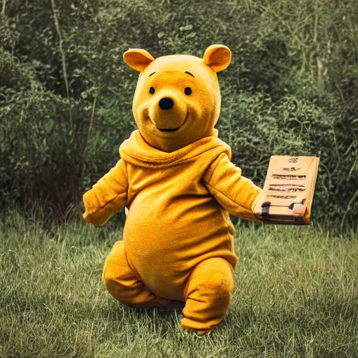 Prompt: photo of a man cosplaying as winnie - the - pooh ( pooh bear ), award winning professional studio photography