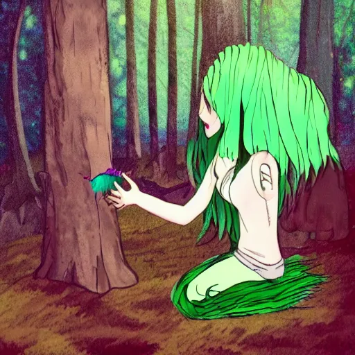 Image similar to a girl with green hair making friends with a dust bunny in the woods in the style of Fujita Tsuguharu w 750