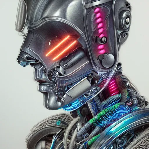 Prompt: a beautiful portrait of a young bionic male cyborg, cyberpunk, intricate wiring, electronic components, augmented vision, volumetric light, photography, color, intricate, extremely detailed, hyperrealistic, color pencil drawing, trending on artstation