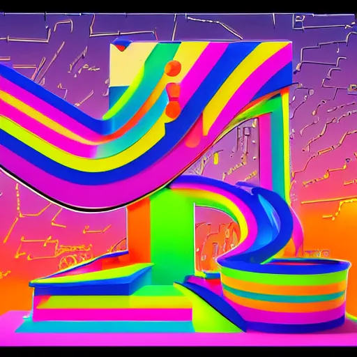 Image similar to an isometric exterior architectural rendering of an infinitely flowing sawtooth interlocking right-angles neon artificial mind-boggling Perpetual Motion Machine made entirely out of colorful wax and plastic, 1:1000 scale, in a highly futuristing Lisa Frank aesthetic (although a bit more subdued than Lisa Frank)