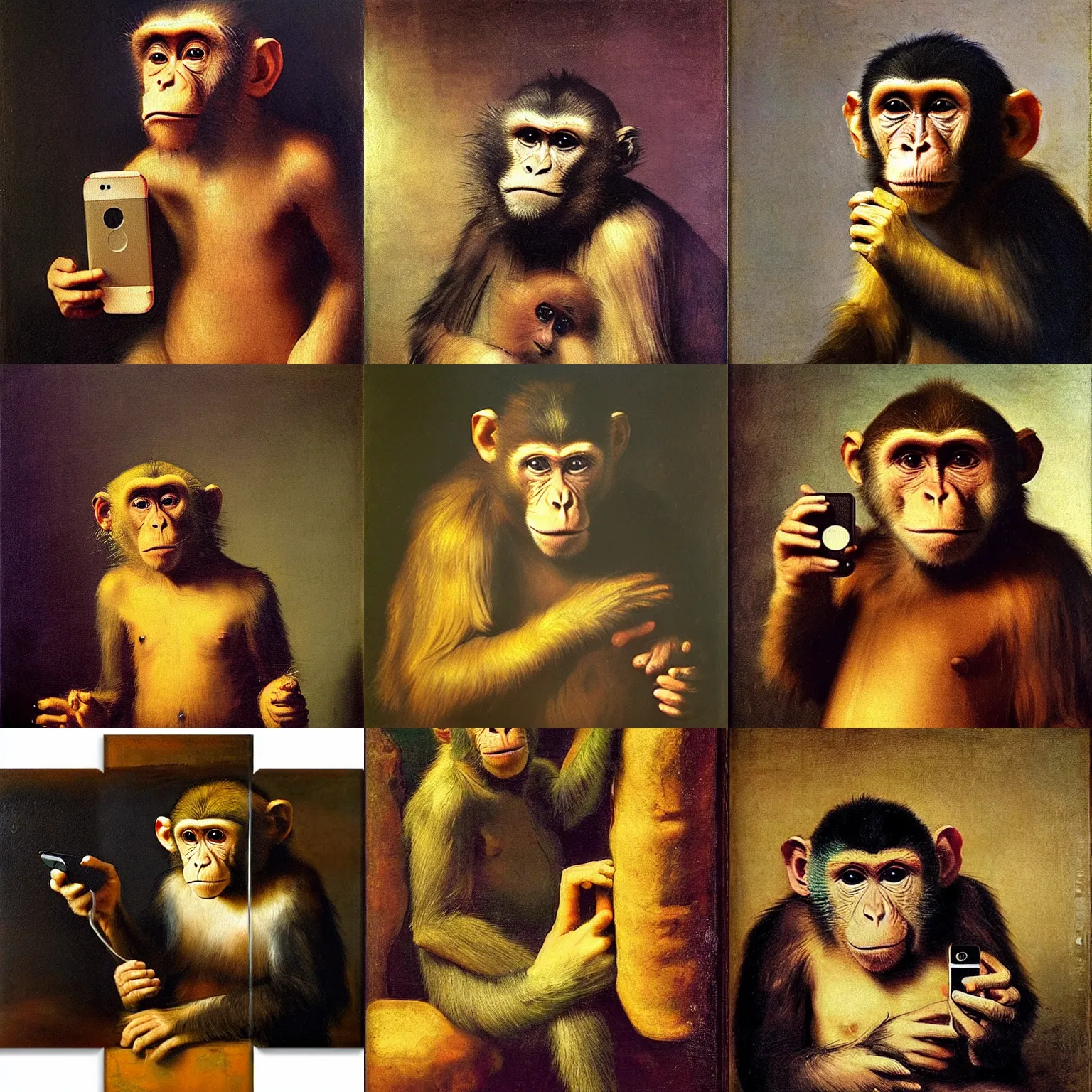 Prompt: a monkey holding a google pixel 6 phone against its eyes renaissance oil painting rembrandt