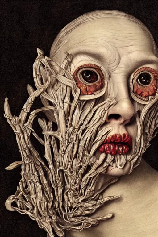 Image similar to Detailed maximalist portrait of a beautiful old woman with large lips and eyes, scared expression, botanical skeletal with extra flesh, HD mixed media, 3D collage, highly detailed and intricate, surreal illustration in the style of Caravaggio, dark art, baroque, centred in image