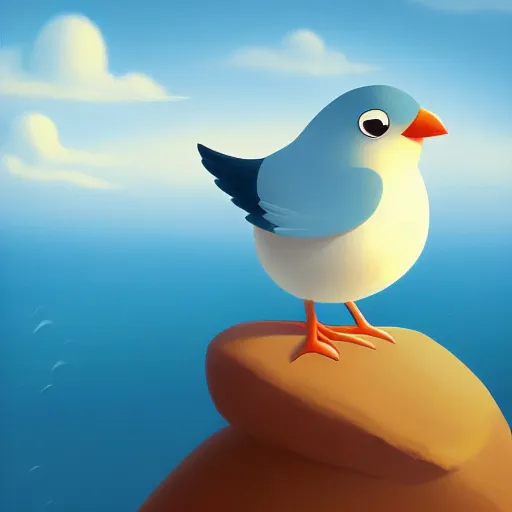 Prompt: goro fujita ilustration a cute little bird perched on a rock watching the ocean and the waves with their foam, the sky with fluffy clouds and makes a warm light, painting by goro fujita, sharp focus, highly detailed, artstation