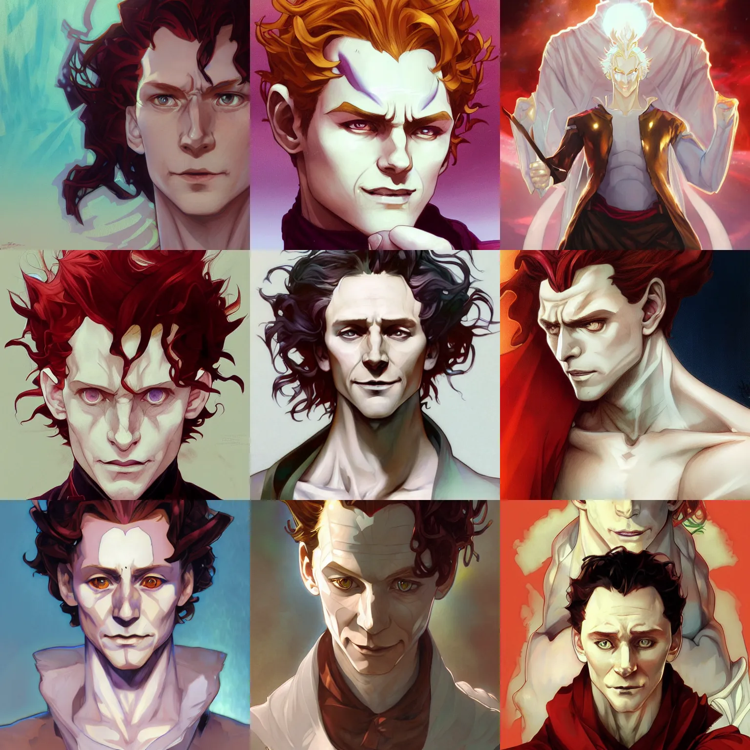 Prompt: hisoka, young tom hiddleston, cel - shaded animesque art by artgerm and greg rutkowski and alphonse mucha, smooth white skin, smirking face, reddish hair, d & d, fantasy, portrait, highly detailed, digital painting, trending on artstation, concept art, sharp focus, illustration