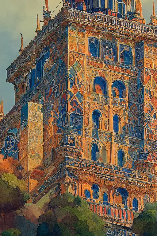 Image similar to glorious painted tower of the moon, by Sylvain Sarrailh and Ludwig Deutsch and edmund dulac, dramatic cinematic lighting , beautiful colorful tilework, ornate architecture, smooth, sharp focus, extremely detailed