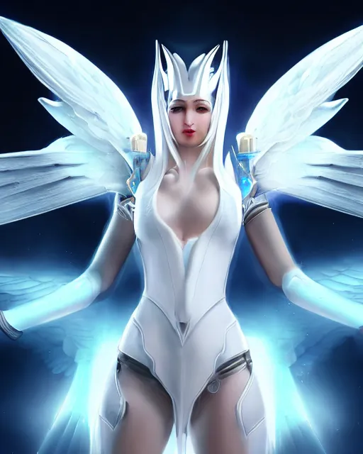 Image similar to perfect white haired attractive egyptian goddess with huge white dove wings, warframe armor, beautiful, symmetric, dreamy, half asian, pretty face, blue eyes, detailed, scifi platform, laboratory, experiment, 4 k, ultra realistic, epic lighting, android body, illuminated, cinematic, masterpiece, art by akihito tsukushi, voidstar