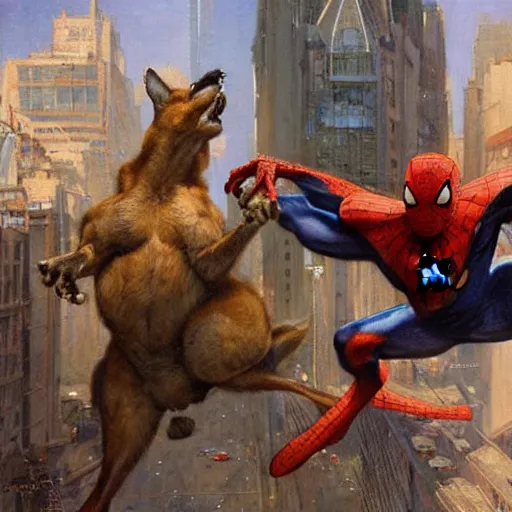 Image similar to a giant kangaroo fighting a giant spiderman on the streets of sydney by gaston bussiere, craig mullins, j. c. leyendecker