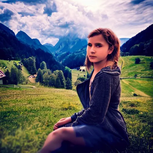 Image similar to a beautiful photograph of a girl with switzerland landscape in the background with trees, hdr, 8 k, high quality, sharp focus, artstation, highly detailed, award - winning, dramatic lighting, beautiful clouds, and nature