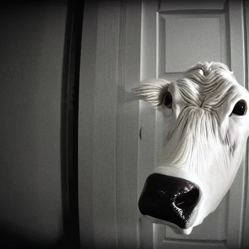 Image similar to ultra - realistic close - up of creepy cow at night, fish - eye - lense, disturbing horror photo, doorbell camera footage