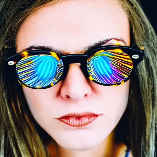 Prompt: close up photo of a woman wearing glasses with psychedelic lenses