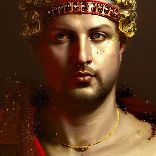 Image similar to detailed portrait of emperor nero, old roman style, non - reflective red cloak, decorated with traditional roman ornaments by ismail inceoglu dragan bibin hans thoma greg rutkowski alexandros pyromallis nekro rene maritte illustrated, perfect face, fine details, realistic shaded, fine - face, pretty face