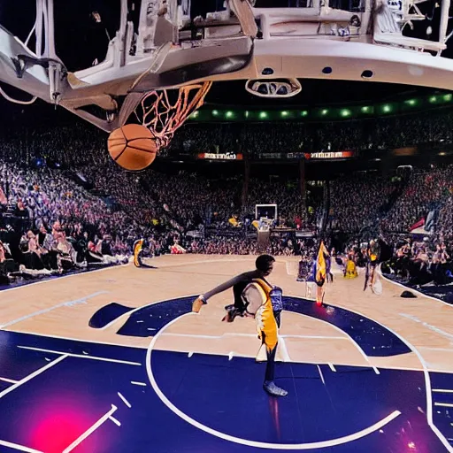 Image similar to photograph of stephen hawking flying through the air in his hovering wheelchair, dunking, highlights of the 2 0 1 9 nba slam dunking contest