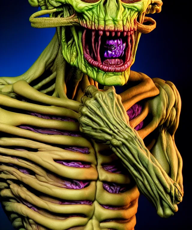 Image similar to hyperrealistic rendering, cronenberg flesh monster skeletor by art of skinner and richard corben and jeff easley, product photography, action figure, sofubi, studio lighting, colored gels