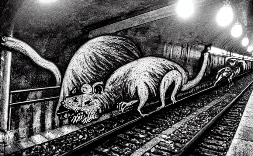 Image similar to very large giant mutant zombie irradiated rat sraying on railways in tonnel of moscow subway. extreme high detail. low dark light, scary atmosphere.