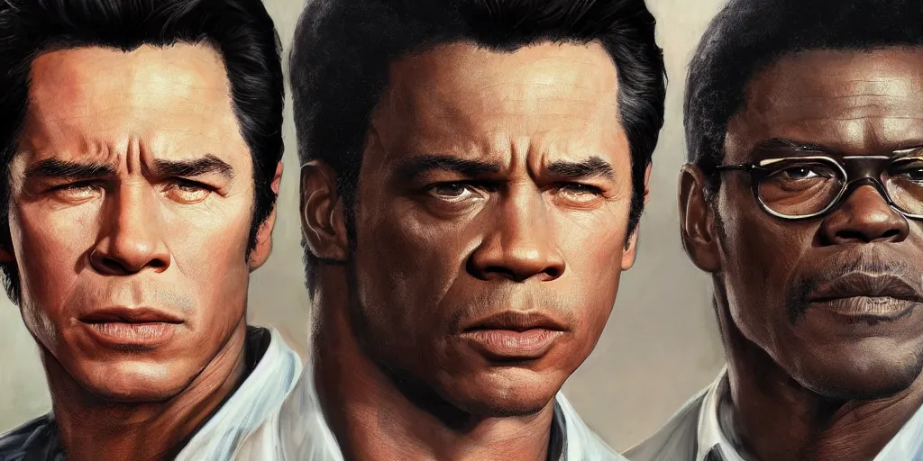 Image similar to highly detailed movie poster painting of young samuel l jackson and john travolta, perfect symmetrical eyes, by eddie mendoza and tyler edlin, 8 k resolution