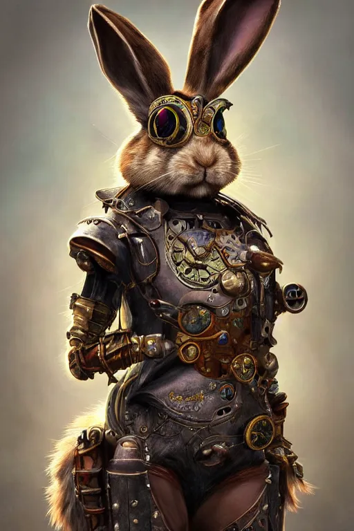 Image similar to ultra realist soft painting of a single steampunk rabbit warrior, very intricate details, volumetric rainbow lighting, reflections, refractions, symmetry accurate humanoid anatomy features, unreal render