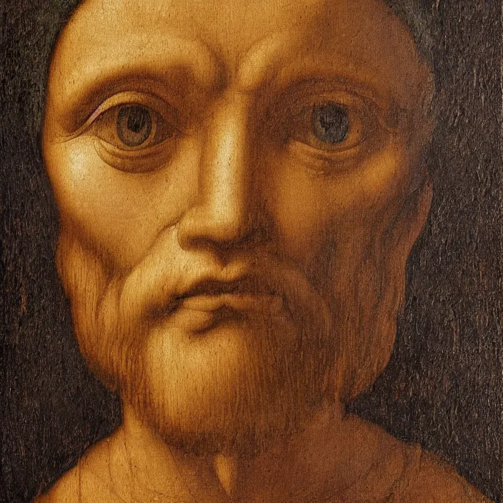 Prompt: an oil painting in the style of leonardo da vinci of half robot half man, indicating to ai