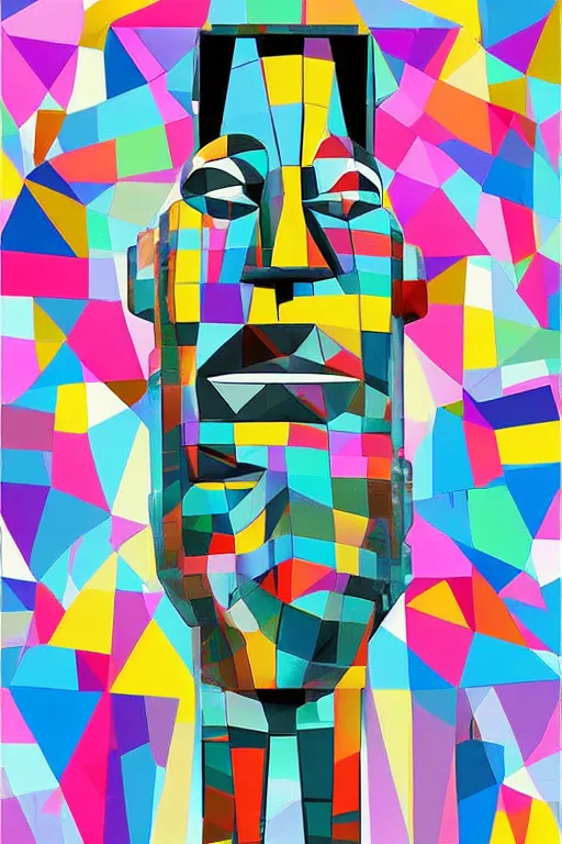 Image similar to cubist moai statue cutout digital illustration cartoon colorful beeple