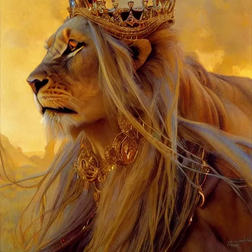 Image similar to highly detailed portrait of a majestic lioness queen in the form of a beautiful woman. d & d, art by donato giancola and ruan jia and carl larsson and eugene delacroix. trending on artstation, intricate details, energetic composition, golden ratio, concept art, illustration, elegant art