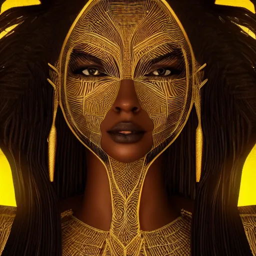 Prompt: Tall brown-skin elf woman, in elegant black and gold textured robes. Symmetrical facial features. Naturally proportioned body. 8k Intricate detail. Mid body shot. Mystical. Photorealism. Golden ratio. Octane rendering,
