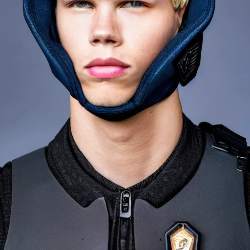 Prompt: medium face shot of adult Austin Butler !!with exposed head!!, dressed in black-prussian blue futuristic-tudoresque clothing with embroidered-Ram-emblem, and nanocarbon-vest, in an arena in Dune 2021, XF IQ4, f/1.4, ISO 200, 1/160s, 8K