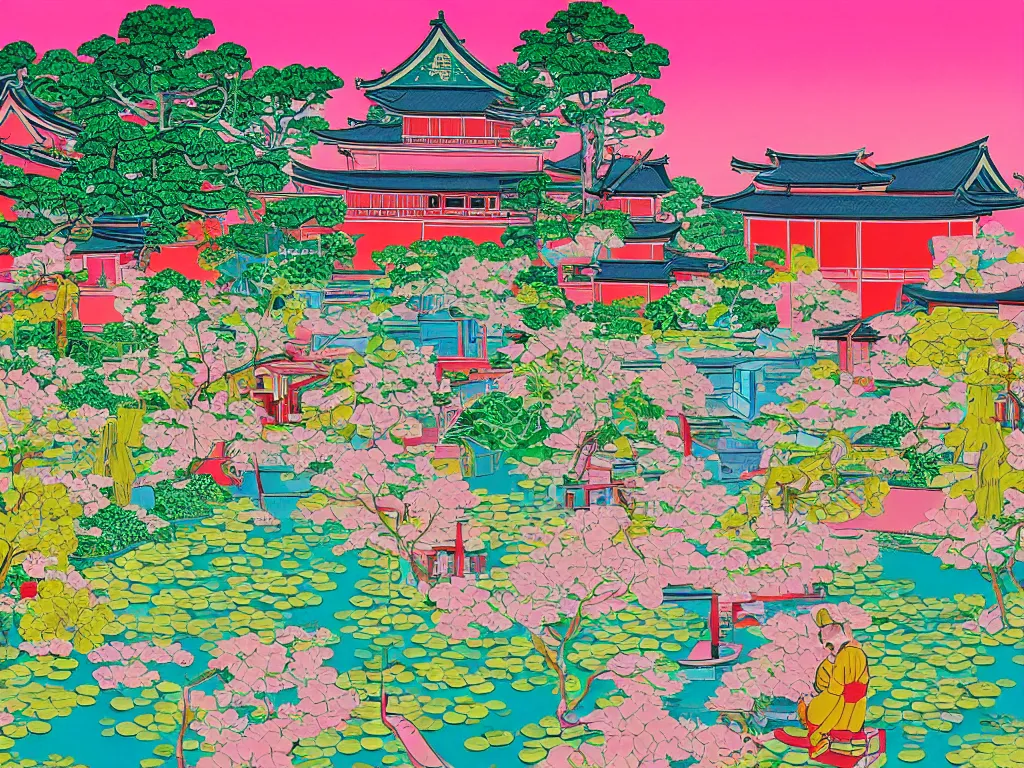 Image similar to image of a traditional japanese house with a garden, a pond in the garden, pink children are sitting around it, a combination of pop art and traditional japanese painting styles, the style of andy warhol, roy lichtenstein and jackie tsai, bright palette, acrylic on canvas