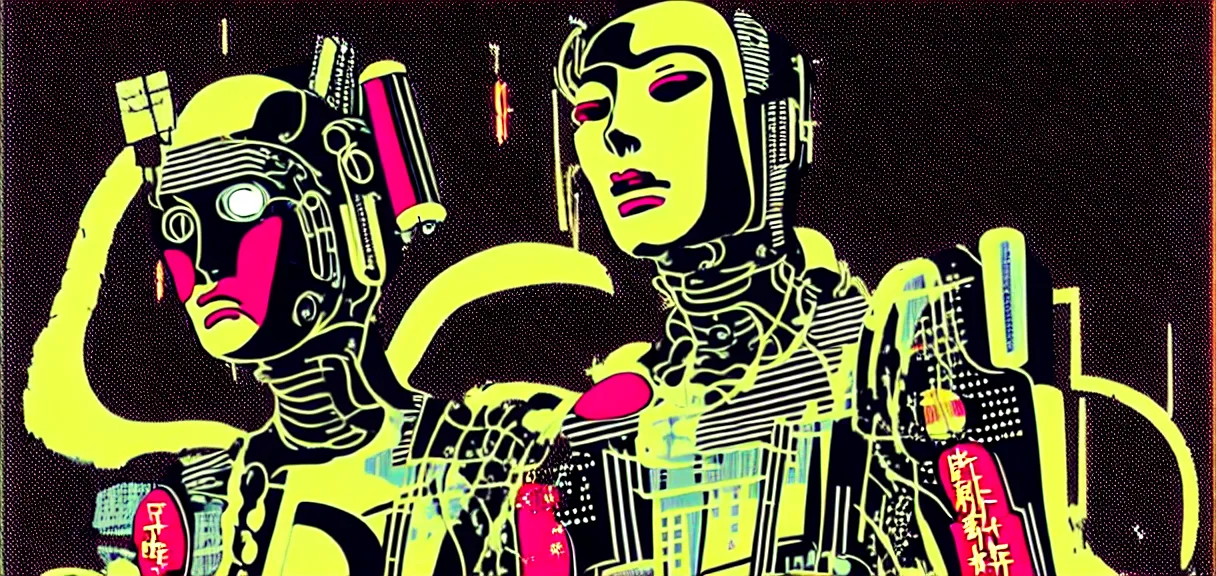 Image similar to ⚠ 👽 💉 ☠ 💢 😱 futuristic japanese cyberpunk by roy lichtenstein, by andy warhol, ben - day dots, pop art, bladerunner, pixiv contest winner, cyberpunk style, cyberpunk color scheme, mechanical, high resolution, hd, intricate detail, fine detail, 8 k