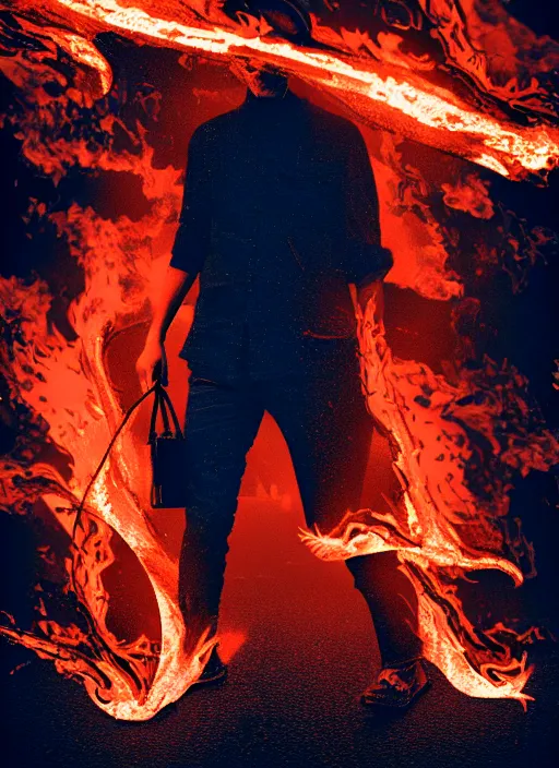 Image similar to City on fire flowing flames lone man walking, Mads Berg, Karolis Strautniekas, James Yang, film noir, stippled light, dramatic lighting,editorial illustration, detailed, matte print, dark blue, dark orange, white, red