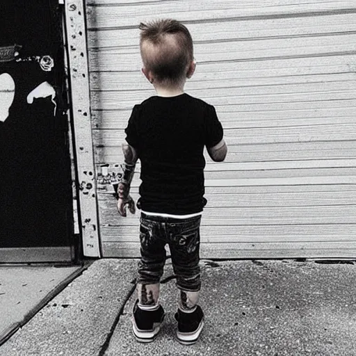 Image similar to “a baby with a full sleeve tattoo on both arms. A neck tattoo and a chest tattoo smoking a cigarette outside a punk rock show.”