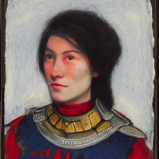 Prompt: head and shoulders portrait of a female knight, inuk, tonalist, symbolist, realistic, ambrotype, detailed, modeled lighting, lorica segmentata, palette knife, prussian blue and venetian red, angular, squinting, raven, baroque