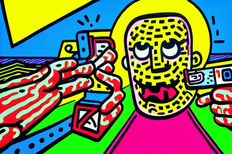 Image similar to pop art of someone taking a selfie smiling during the apocalypse, bright neon colors, intricate details, complementary colors, detailed face, backlighting, octane render, depth of field, extremely detailed, trending in artstation, focus on face, sharp focus, radiant light, beautiful composition, drawn by roy lichtenstein, keith haring, romero britto