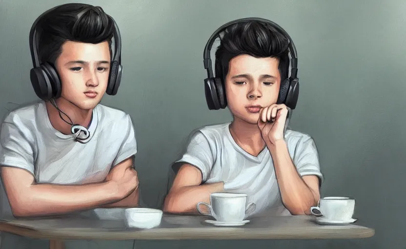 Image similar to a boy with headphones sitting on a table in a cafe with a coffee, digital art, digital painting, masterpiece, concept art, trending on deviantart, highly detailed, high quality, anatomically correct, five fingers, cinematic, high coherence, soft lighting, soft colors, beautiful, elegant, short black hair, 4 k, symmetrical, realistic and detailed face, cartoon