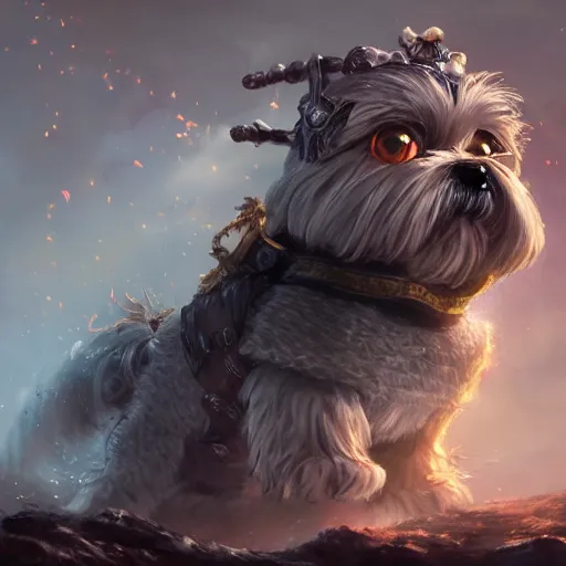 Image similar to shih tzu Dog, battle armour, Anthropomorphized, casting epic spell, magic the gathering artwork, D&D, fantasy, cinematic lighting, centered, symmetrical, highly detailed, digital painting, artstation, concept art, smooth, sharp focus, illustration, volumetric lighting, epic Composition, 8k, art by Akihiko Yoshida and Greg Rutkowski and Craig Mullins, heroic pose, oil painting, cgsociety, magic lab background