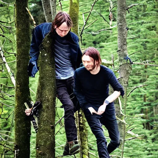 Image similar to Thom Yorke and Jonny Greenwood climbing treeds