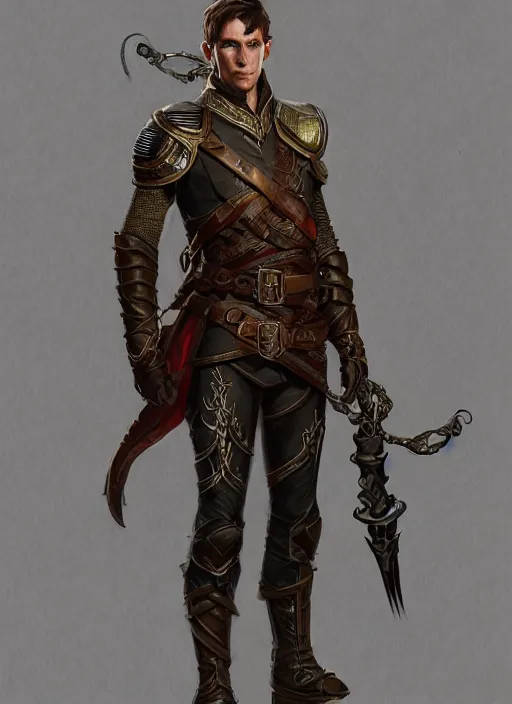 Prompt: full body portrait of a male half elf in fireproof leather armor wearing a utility belt and goggles, D&D, fantasy, intricate, cinematic lighting, highly detailed, digital painting, artstation, concept art, art by Terry Moore and Greg Rutkowski and Alphonse Mucha