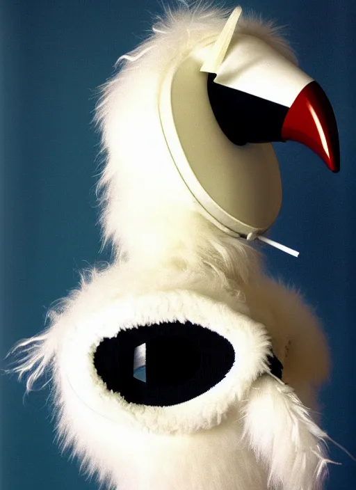 Prompt: realistic photo of a freestanding white bird helmet with pattern of white tiny energy stripes, brass long beak, black latex mask, ears made of white fluffy furry sticks 1 9 9 0, life magazine reportage photo, natural colors