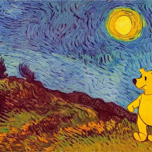 Image similar to winnie the pooh standing on a hill with sunset in background, oil painting, art by vincent van gogh