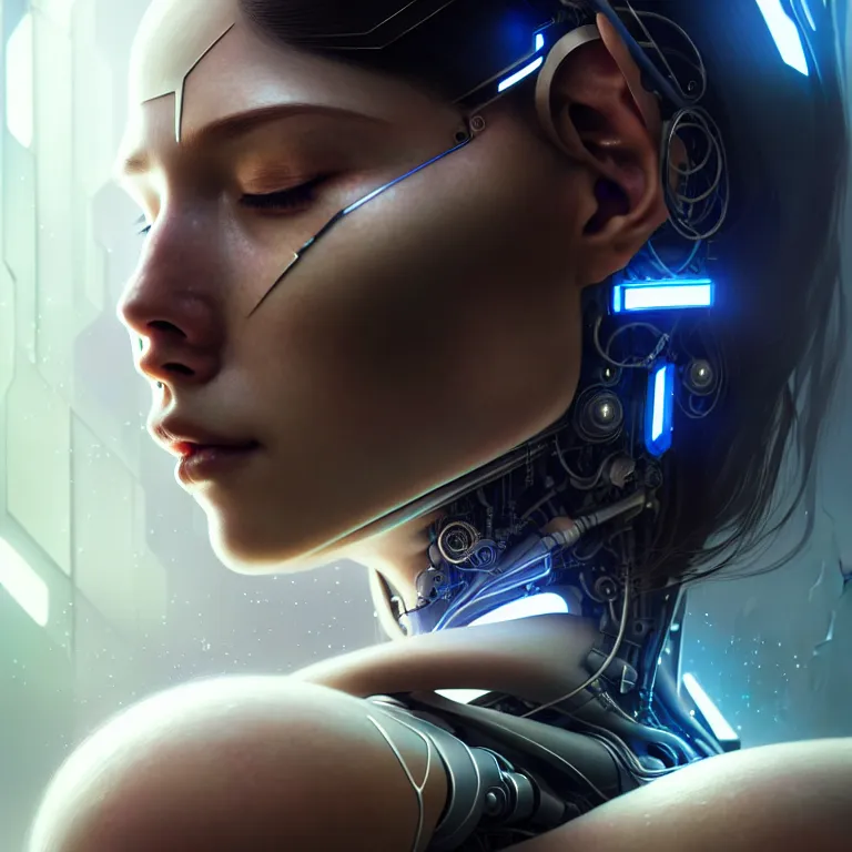 Prompt: ultra realistic, beautiful cyborg woman eyes closed, metahuman, cyberpunk, sci-fi, magic, fantasy, intricate details, elegant, highly detailed, digital painting, octane render, clay render, artstation, concept art, smooth, sharp focus, eerie, illustration, 8k, HD, art by artgerm and greg rutkowski and alphonse mucha