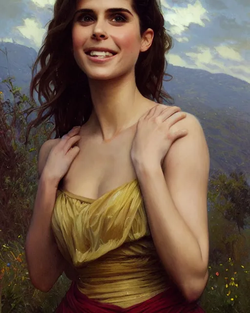 Prompt: a portrait painting of kate mara / naomi scott / sabrina lloyd hybrid oil painting, gentle expression, smiling, elegant clothing, scenic background, extremely detailed and lifelike, artgerm, greg rutkowski, alphonse mucha, vladimir volegov, adolphe bouguereaum, greg hildebrandt