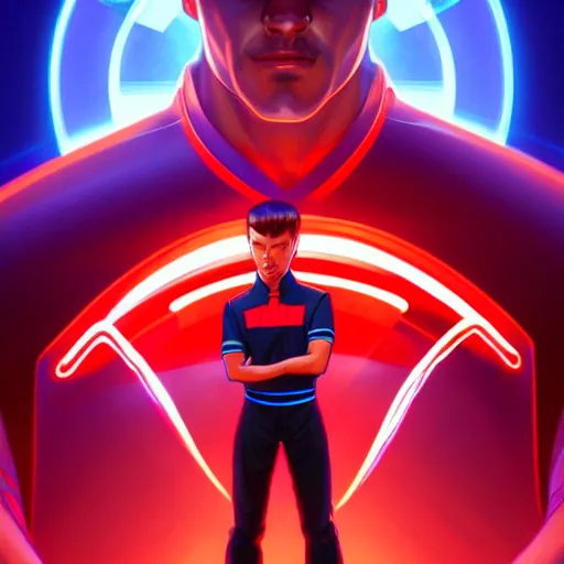 Prompt: tron, wearing a red polo shirt, a video game store setting, intricate, headshot, highly detailed, digital painting, artstation, concept art, sharp focus, cinematic lighting, illustration, art by artgerm and greg rutkowski, alphonse mucha, cgsociety, edward hopper