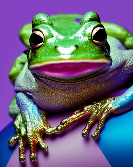 Prompt: natural light, soft focus portrait of a cyberpunk anthropomorphic frog with soft synthetic pink skin, blue bioluminescent plastics, smooth shiny metal, elaborate ornate head piece, piercings, skin textures, by annie leibovitz, paul lehr