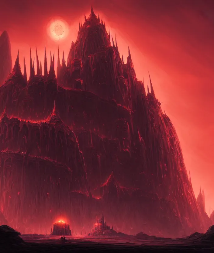Prompt: a detailed illustration of an imposing evil obsidian fortress with a massive central spiked tower, in a crimson wasteland with a pitch black sky, by moebius and tyler edlin and lee madgwick, trending on artstation, digital art, 4 k resolution, detailed, octane render, high quality, sharp focus, hq artwork, coherent, insane detail, concept art