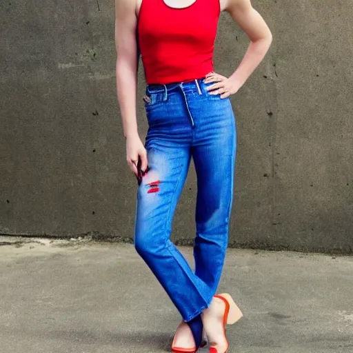 Image similar to a robot woman with Blonde Hair, blue eyes, wearing a Red tank Top and Blue jeans