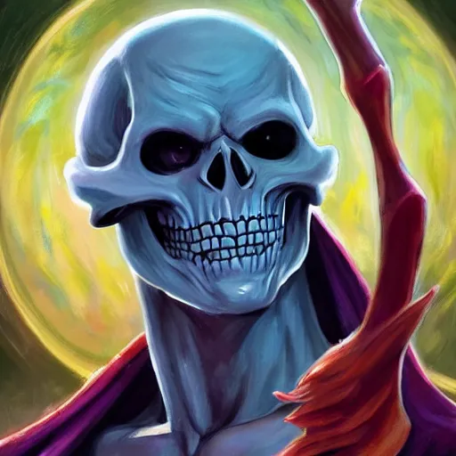 Image similar to portrait painting of skeletor, dnd beyond avatar portraits, beautiful, artistic, elegant, lens flare, magical, nature, realism, stylized, art by jeff easley and genndy tartakovsky