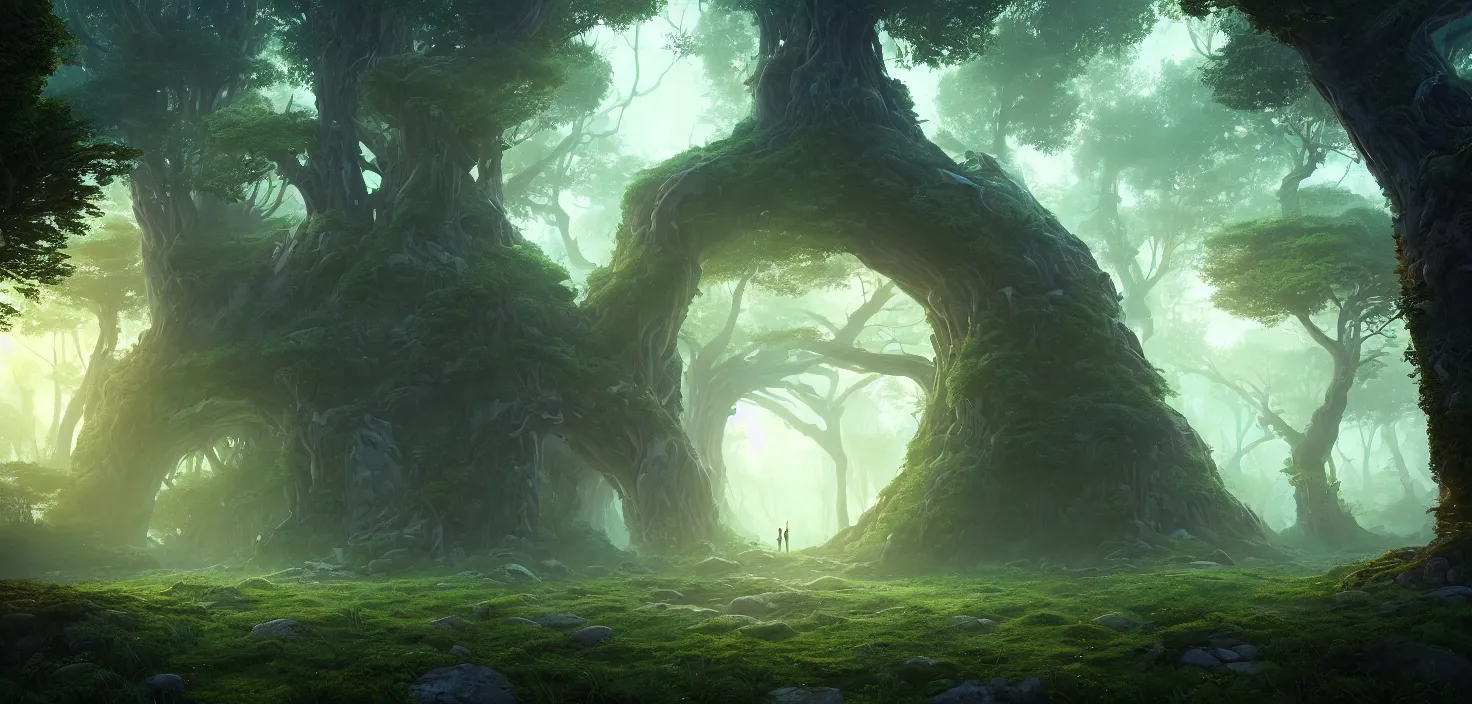 Image similar to random mystic forest giant house landscape, big glowing magic giant portal, huge central symmetrical composition, incredible, vector art, octane render, fabulous, hyper detailed, random cinematic view, no noise, global illumination, warm lighting, volumetric, godrays, vivid, beautiful, by jordan grimmer