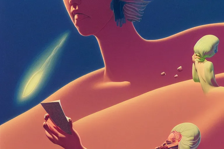 Image similar to a scifi closeup portrait of a young british woman licking a blotter paper of LSD acid on his tongue and dreaming psychedelic hallucinations in cosmos, by kawase hasui, moebius, Edward Hopper and James Gilleard, Zdzislaw Beksinski, Steven Outram colorful flat surreal design, hd, 8k, artstation