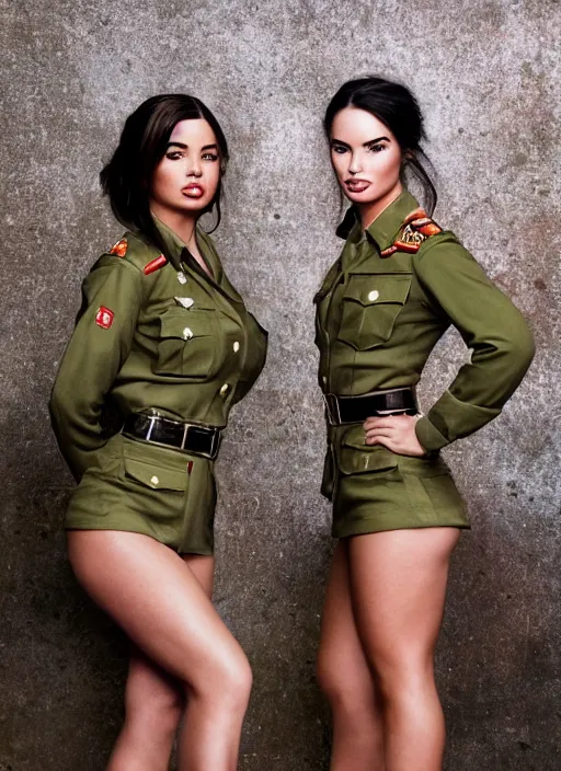 Prompt: portrait of demi rose and megan fox as soviet army officers, by charlotte grimm, natural light, detailed face, canon eos c 3 0 0, ƒ 1. 8, 3 5 mm, 8 k, medium - format print, half body shot