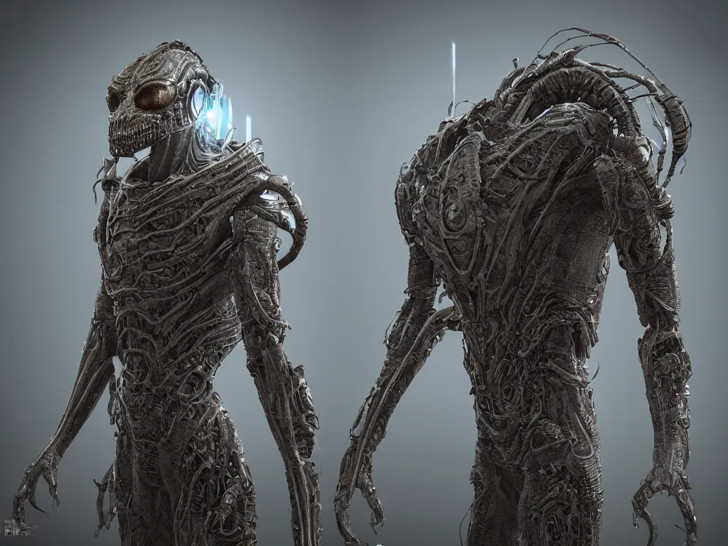 Prompt: creepy vintage fractal alien power suit, highly detailed, sharp focus, illustration, cinematic lighting, unreal engine 5